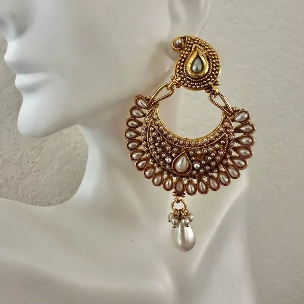 Kundan-Style Chandbali Statement Earrings w/ Faux Pearls, Gold Tone